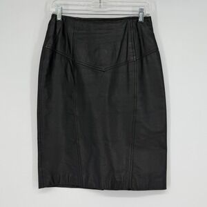 Vintage BYRNES & BAKER Black Leather Pencil Skirt Midi Zipper Back Size 12